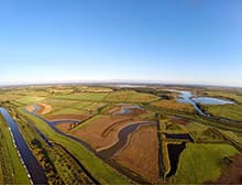 An aerial view of wetland and reed beds on the Norfolk Broads